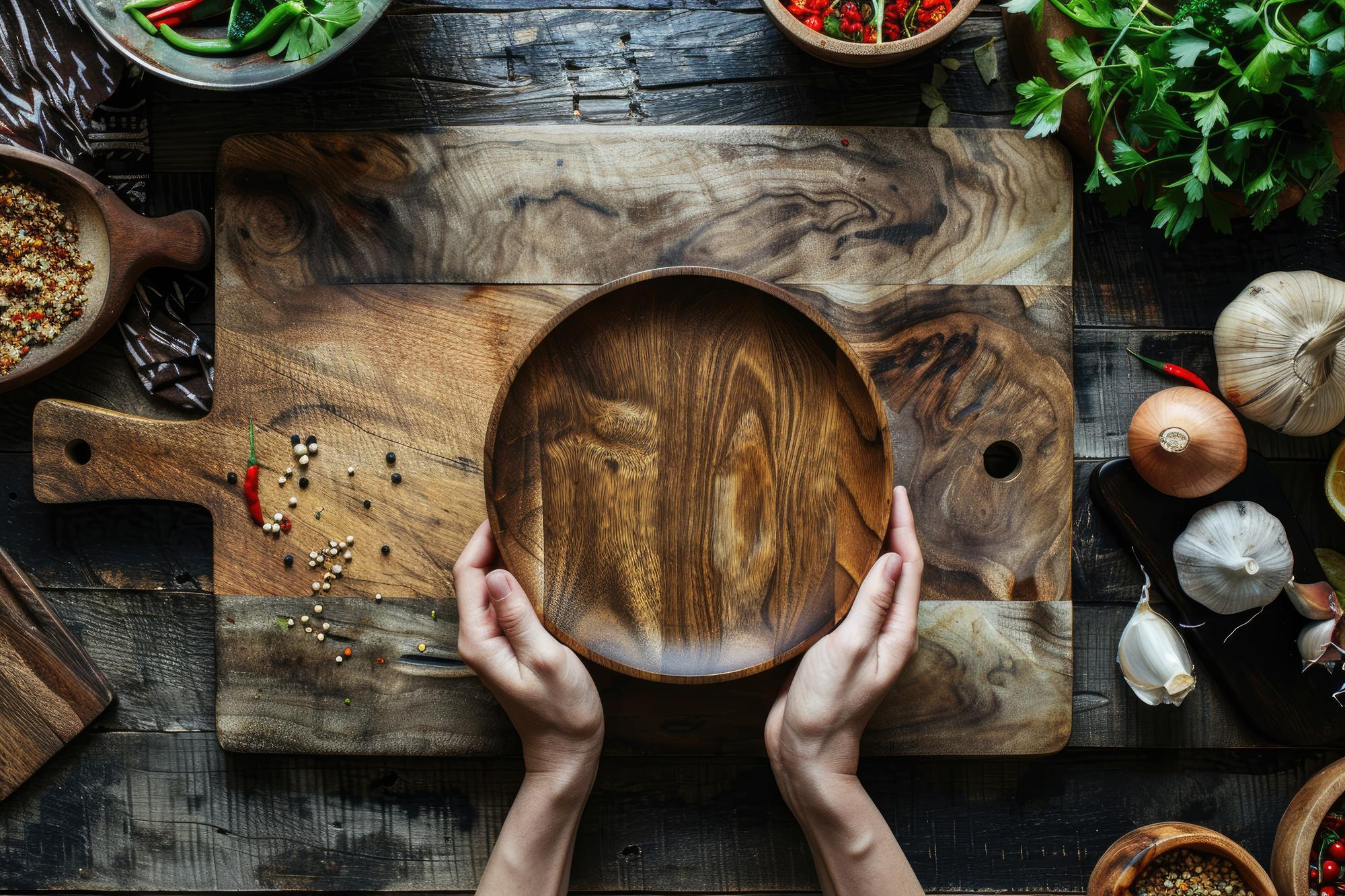 Chef preparing plated dish on wooden board